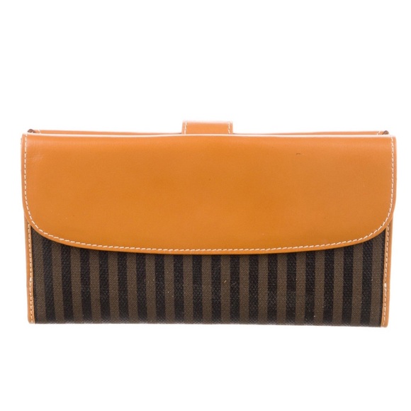 EUC FENDI Pequin Stripe Brown Tan Black French Canvas Leather Long Wallet - Picture 3 of 6